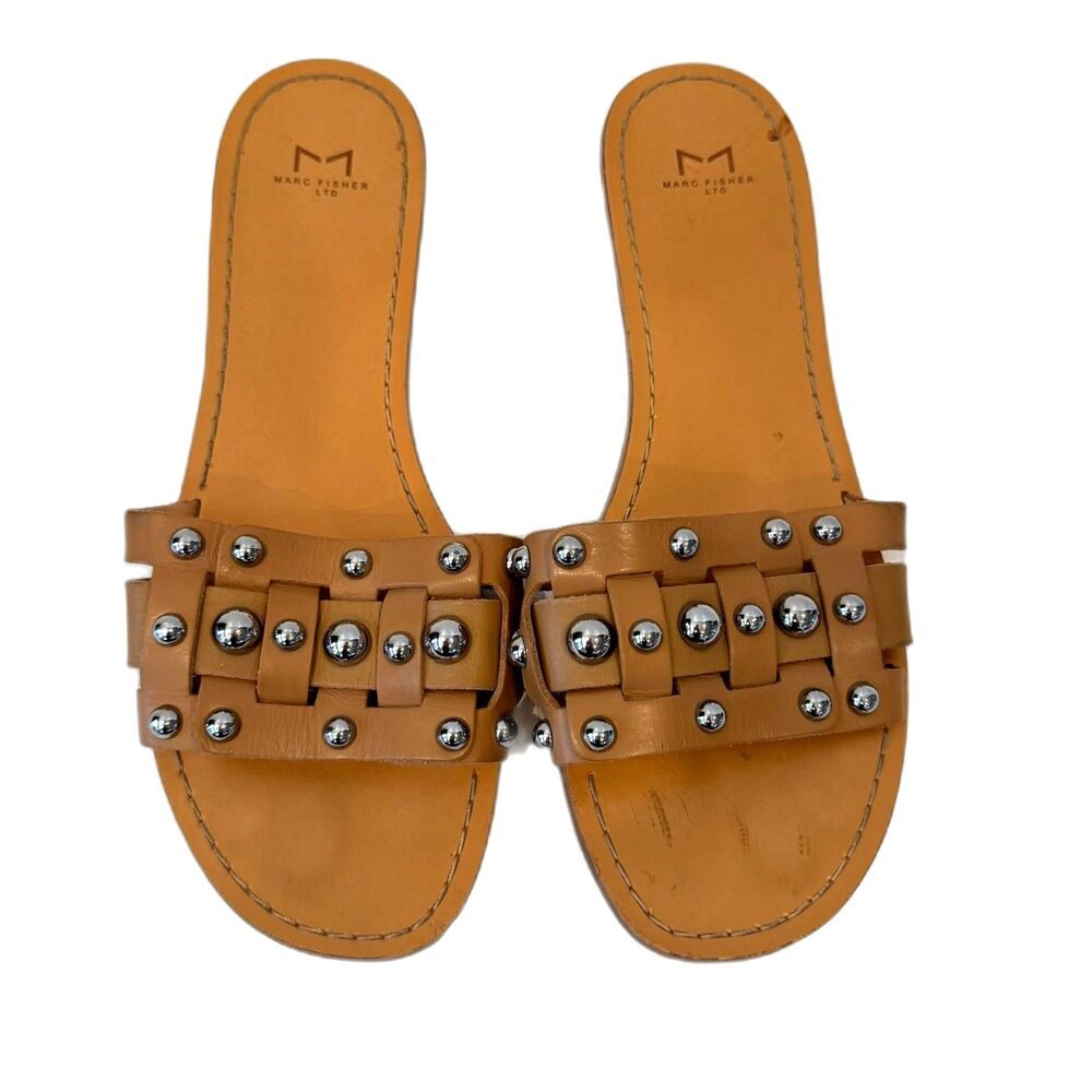 Marc Fisher Pacca Tan Sandals Silver Studs Flat Slides Size 9